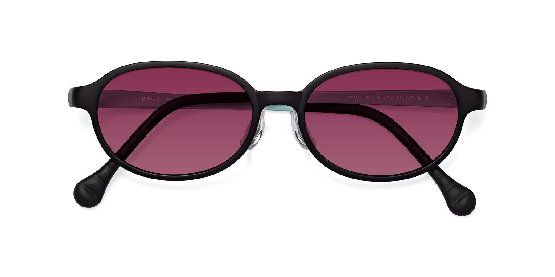 Folded Front of Reece in Black-Teal with Wine Tinted Lenses