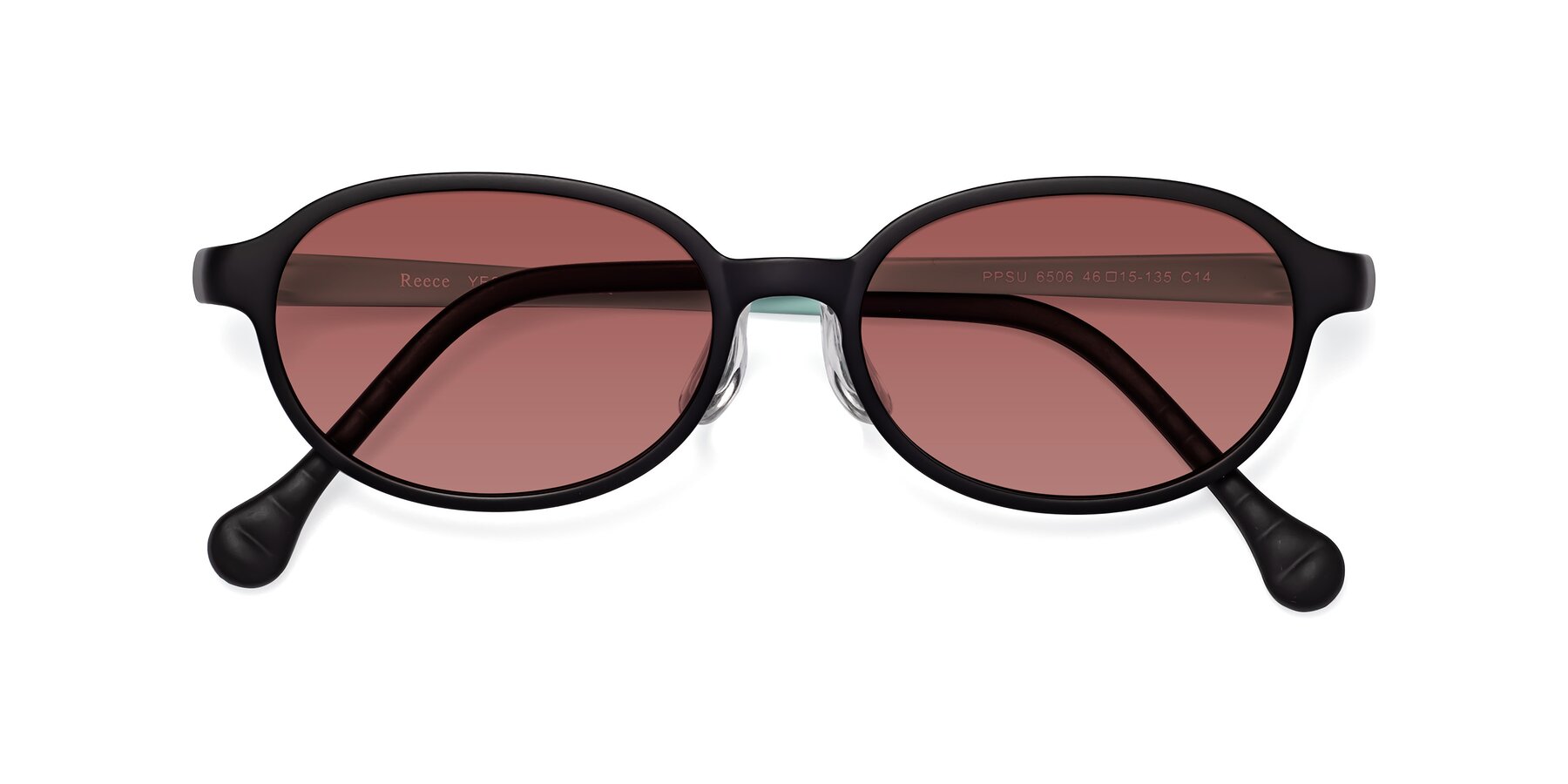 Folded Front of Reece in Black-Teal with Garnet Tinted Lenses