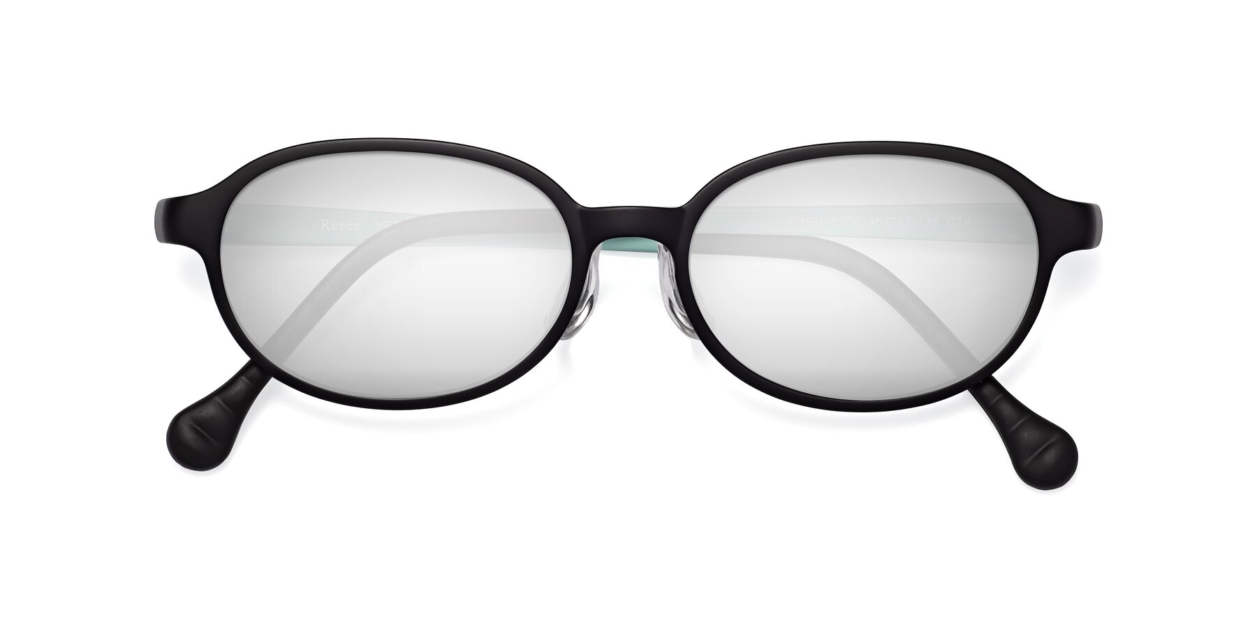 Folded Front of Reece in Black-Teal with Silver Mirrored Lenses