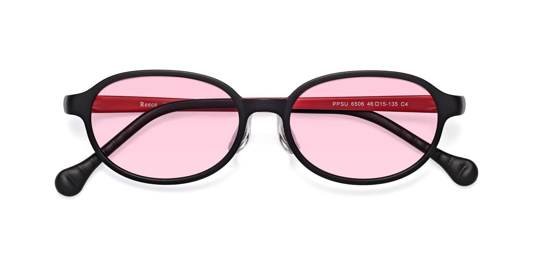 Folded Front of Reece in Black-Red with Light Pink Tinted Lenses