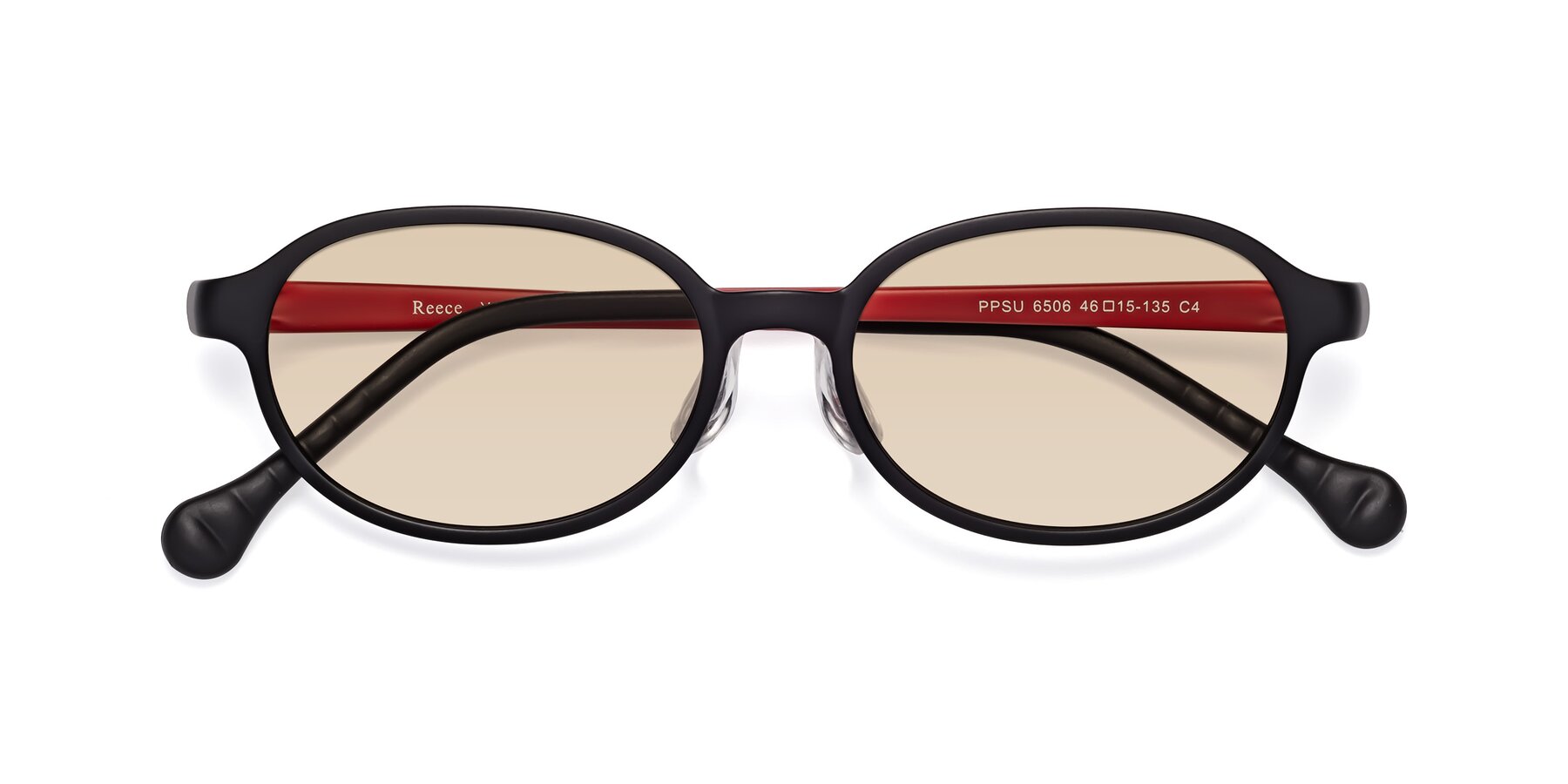 Folded Front of Reece in Black-Red with Light Brown Tinted Lenses