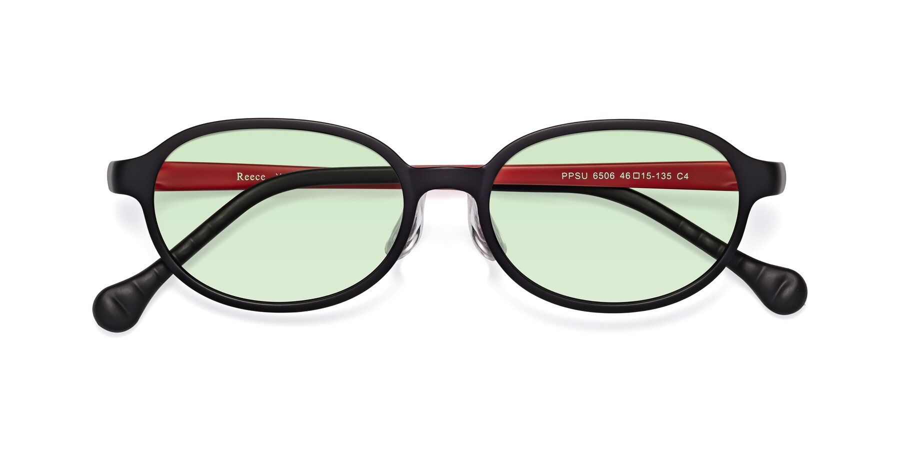 Folded Front of Reece in Black-Red with Light Green Tinted Lenses