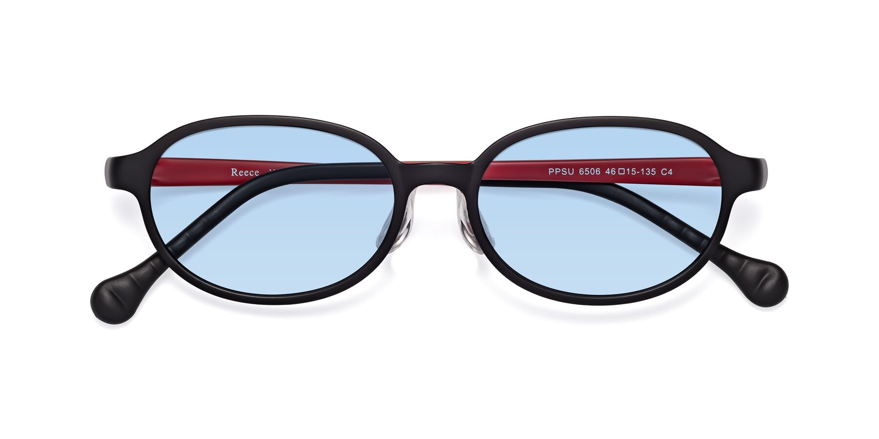 Folded Front of Reece in Black-Red with Light Blue Tinted Lenses