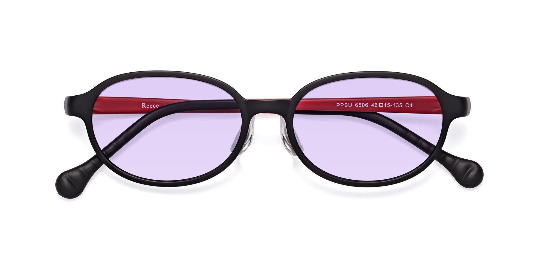 Folded Front of Reece in Black-Red with Light Purple Tinted Lenses