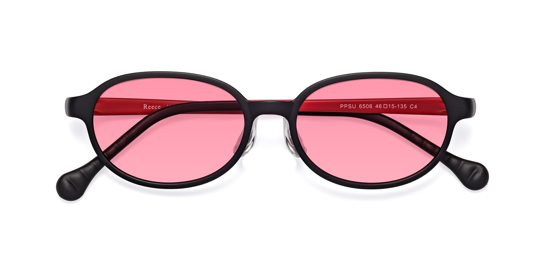 Folded Front of Reece in Black-Red with Pink Tinted Lenses