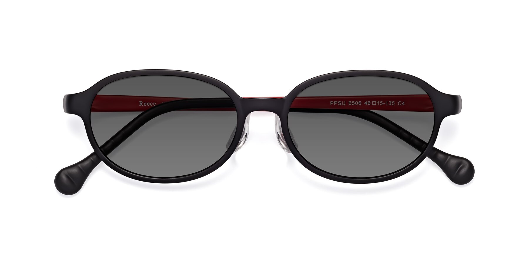 Folded Front of Reece in Black-Red with Medium Gray Tinted Lenses