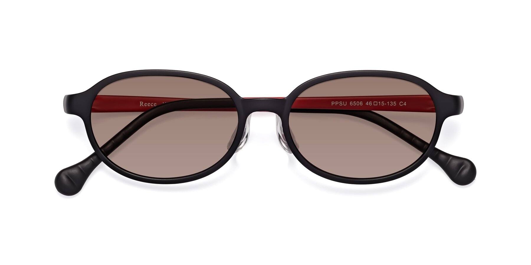 Folded Front of Reece in Black-Red with Medium Brown Tinted Lenses