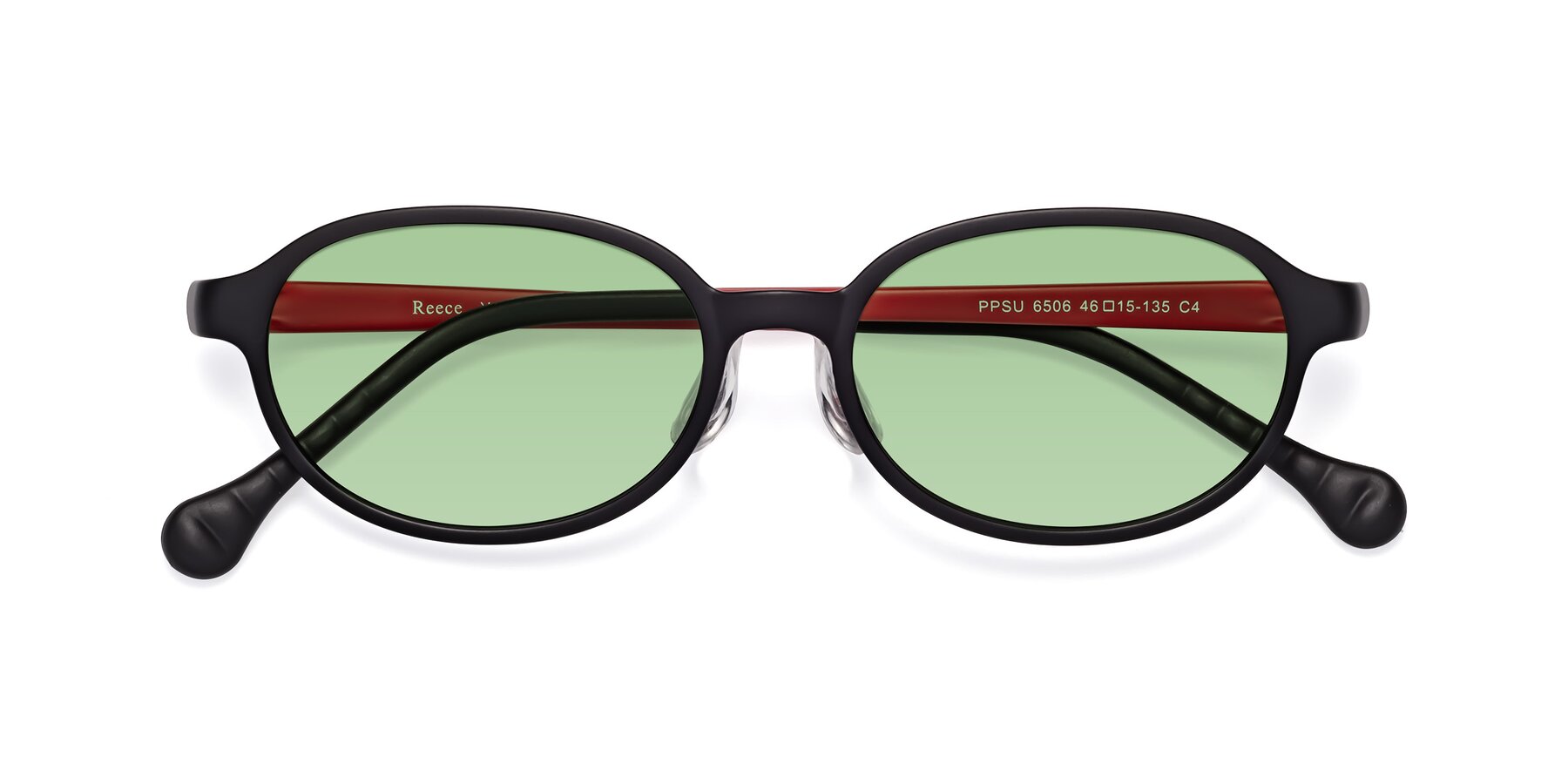 Folded Front of Reece in Black-Red with Medium Green Tinted Lenses