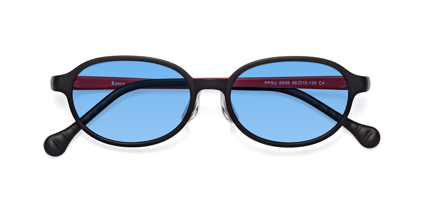 Folded Front of Reece in Black-Red with Medium Blue Tinted Lenses