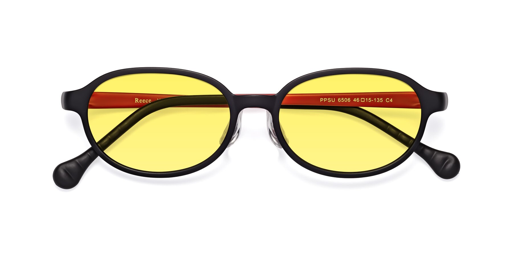 Folded Front of Reece in Black-Red with Medium Yellow Tinted Lenses