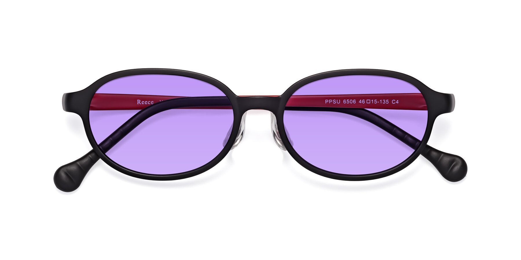 Folded Front of Reece in Black-Red with Medium Purple Tinted Lenses