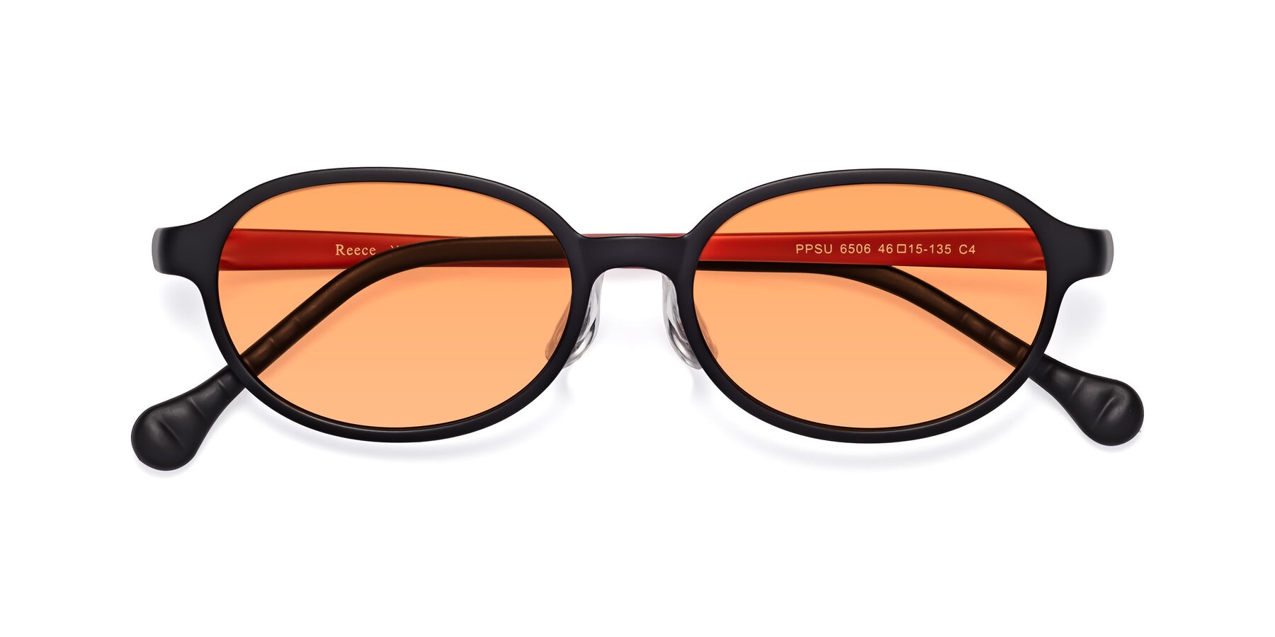 Folded Front of Reece in Black-Red with Medium Orange Tinted Lenses