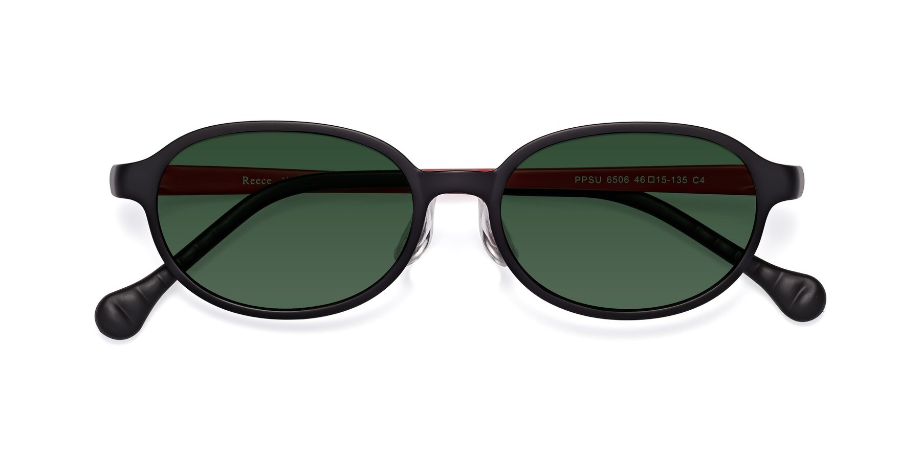 Folded Front of Reece in Black-Red with Green Tinted Lenses