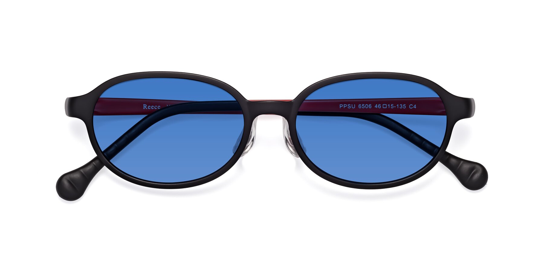 Folded Front of Reece in Black-Red with Blue Tinted Lenses