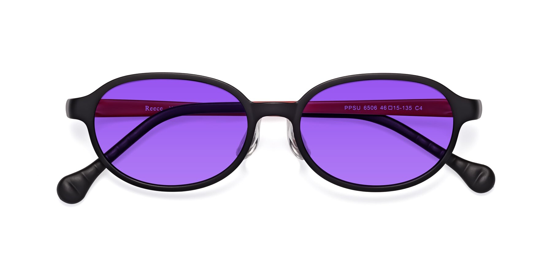 Folded Front of Reece in Black-Red with Purple Tinted Lenses