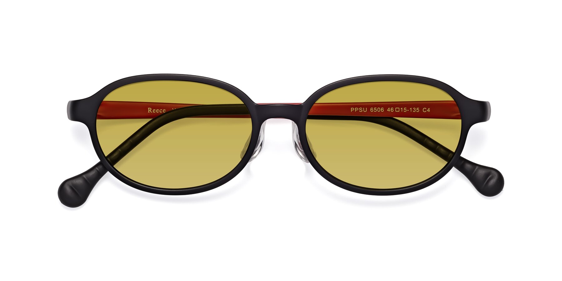 Folded Front of Reece in Black-Red with Champagne Tinted Lenses