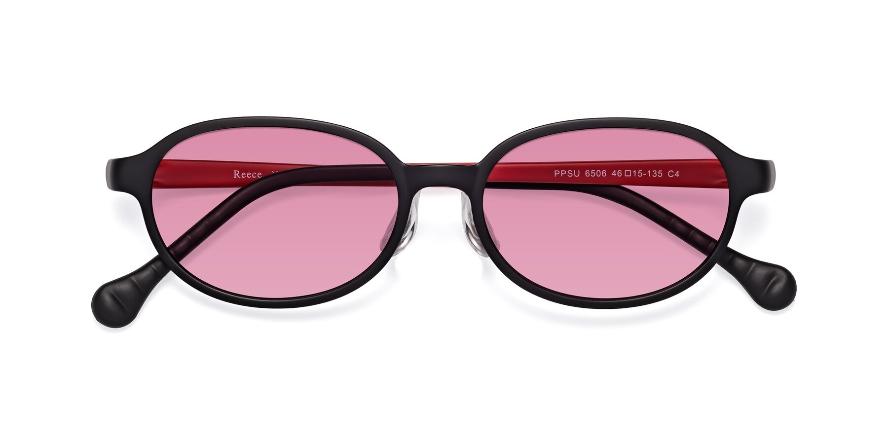 Folded Front of Reece in Black-Red with Medium Wine Tinted Lenses