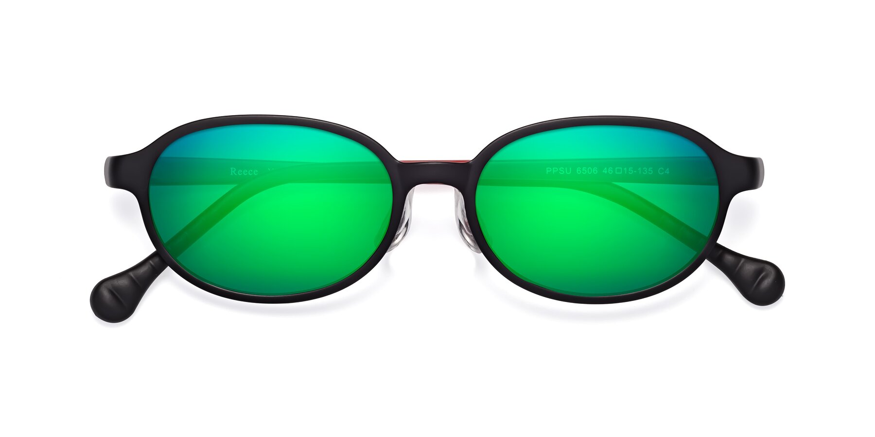 Folded Front of Reece in Black-Red with Green Mirrored Lenses