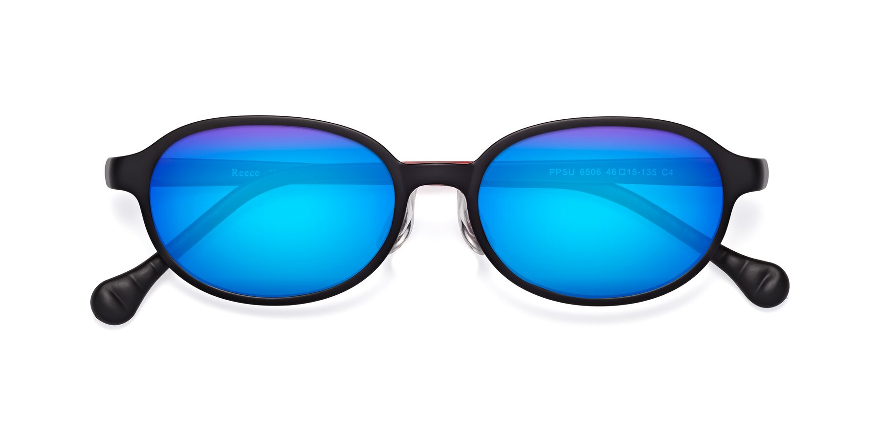 Folded Front of Reece in Black-Red with Blue Mirrored Lenses