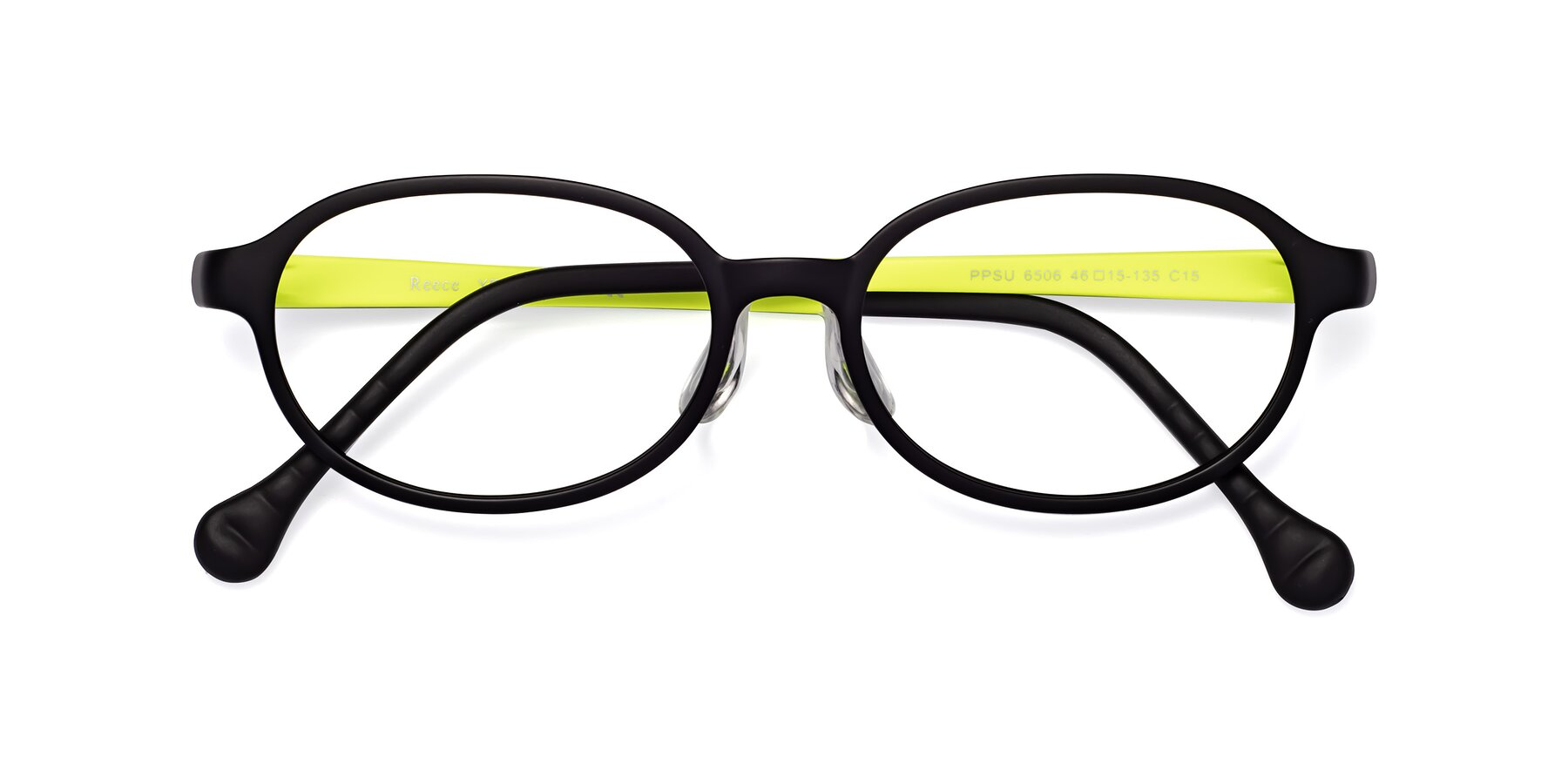 Folded Front of Reece in Black-New Leaf with Clear Eyeglass Lenses