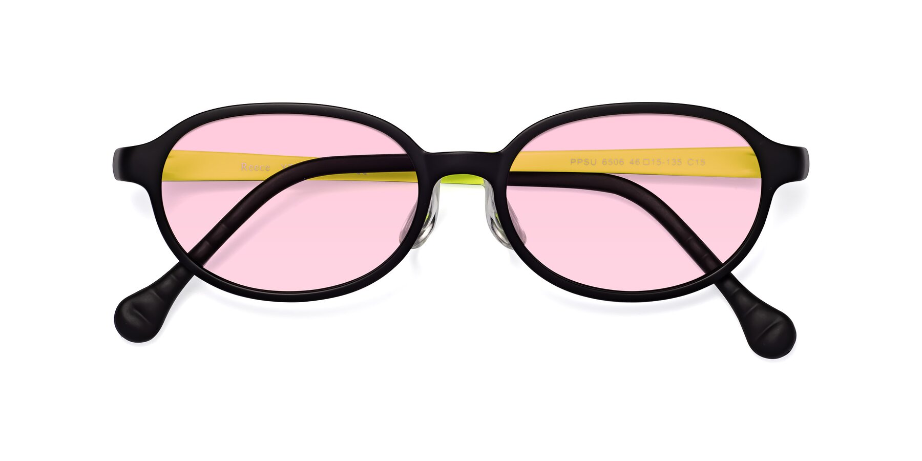 Folded Front of Reece in Black-New Leaf with Light Pink Tinted Lenses