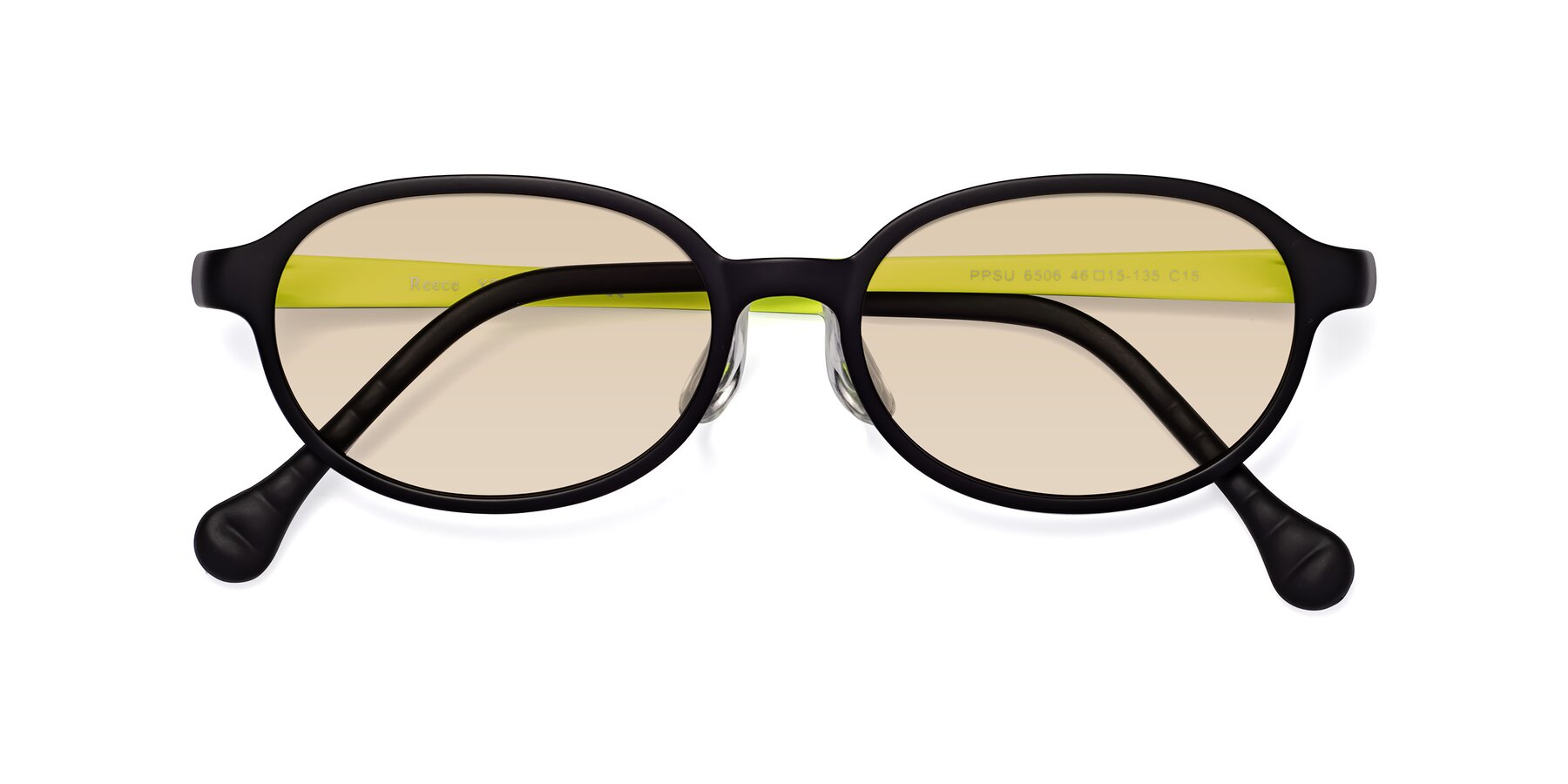 Folded Front of Reece in Black-New Leaf with Light Brown Tinted Lenses