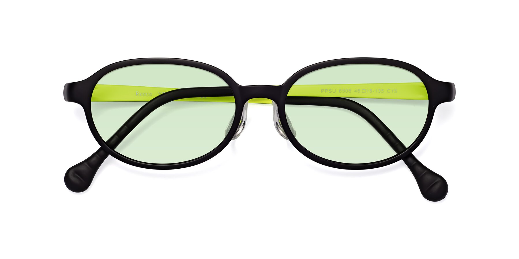 Folded Front of Reece in Black-New Leaf with Light Green Tinted Lenses