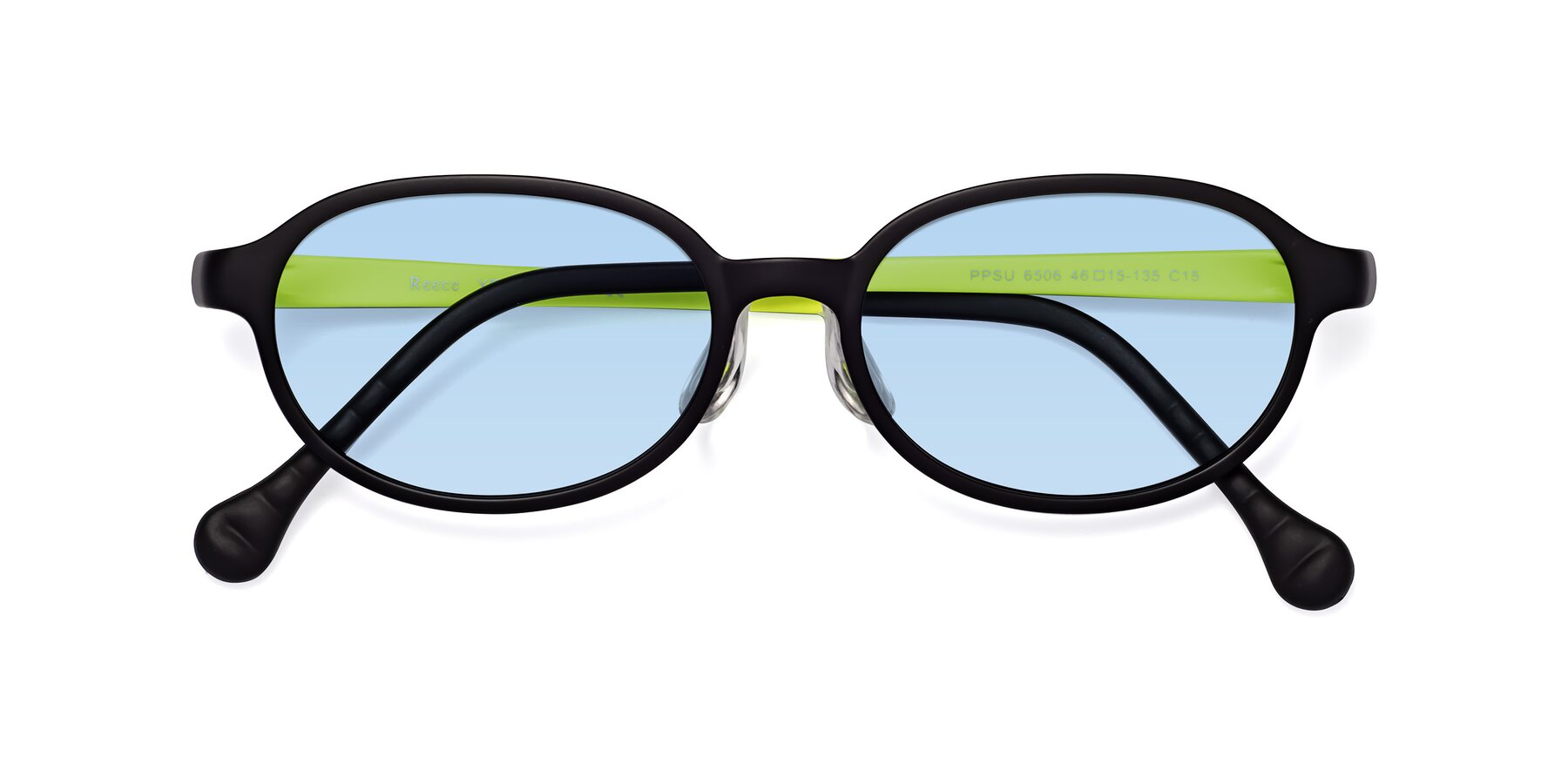 Folded Front of Reece in Black-New Leaf with Light Blue Tinted Lenses