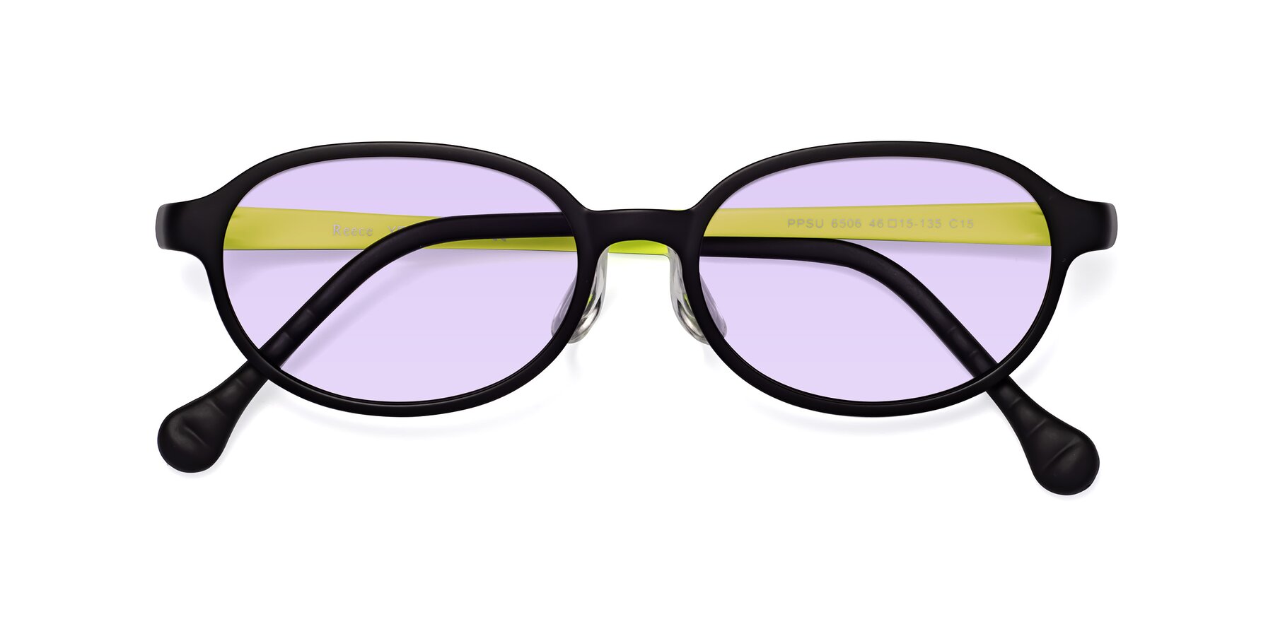 Folded Front of Reece in Black-New Leaf with Light Purple Tinted Lenses