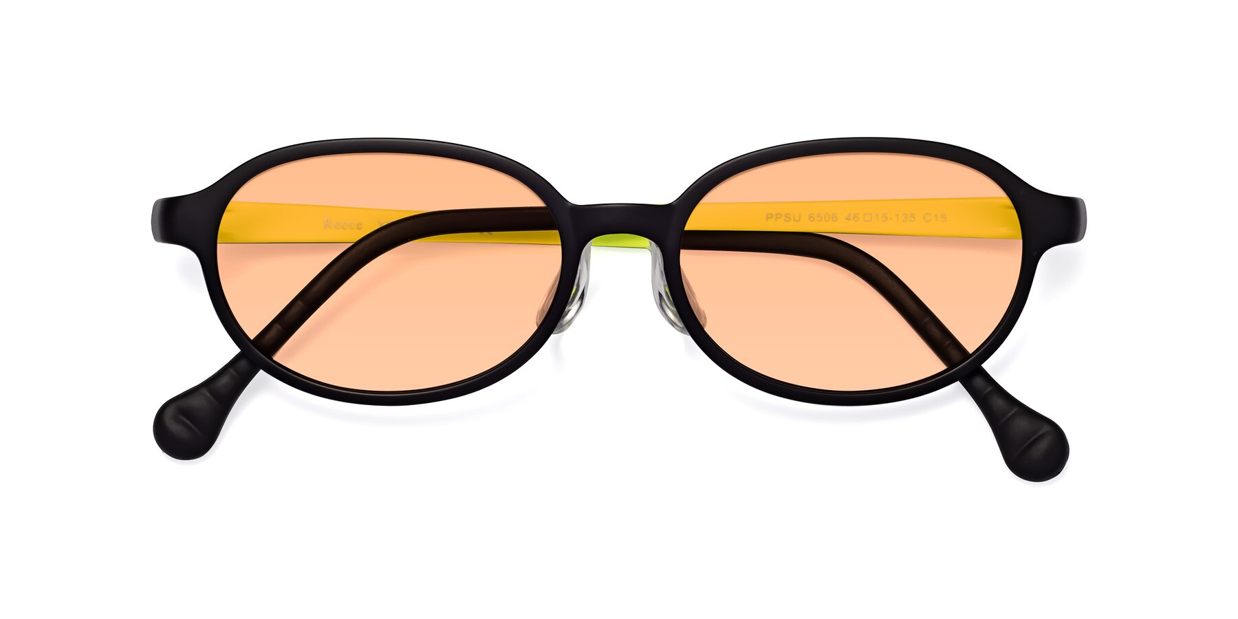 Folded Front of Reece in Black-New Leaf with Light Orange Tinted Lenses