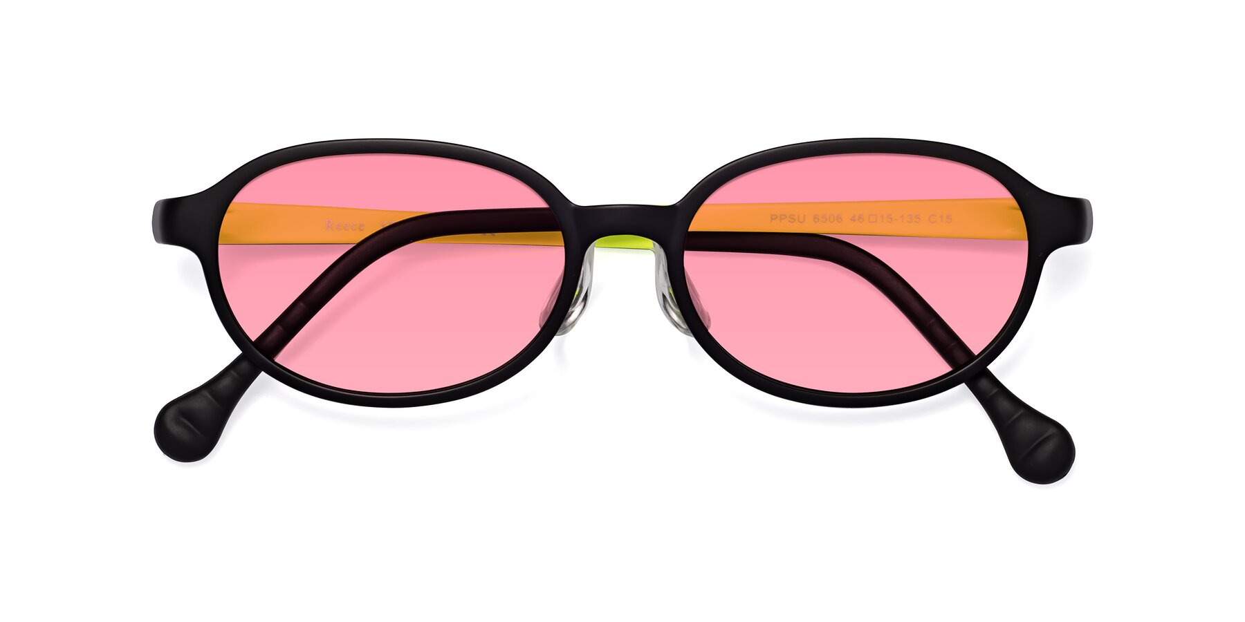 Folded Front of Reece in Black-New Leaf with Pink Tinted Lenses