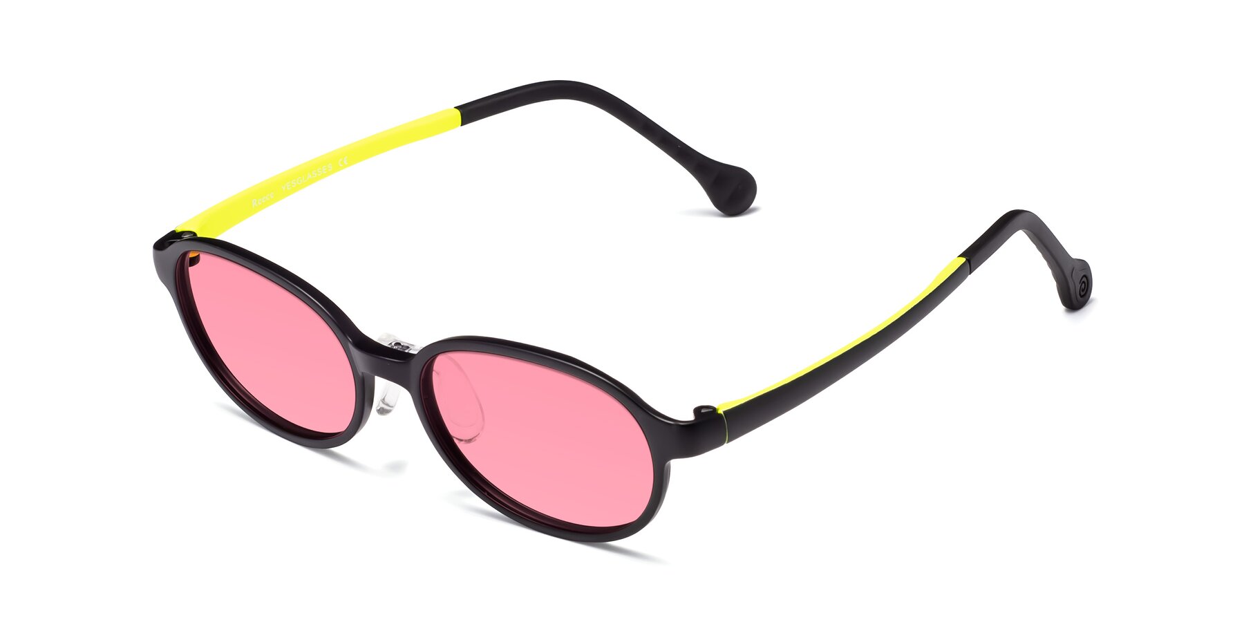 Angle of Reece in Black-New Leaf with Pink Tinted Lenses
