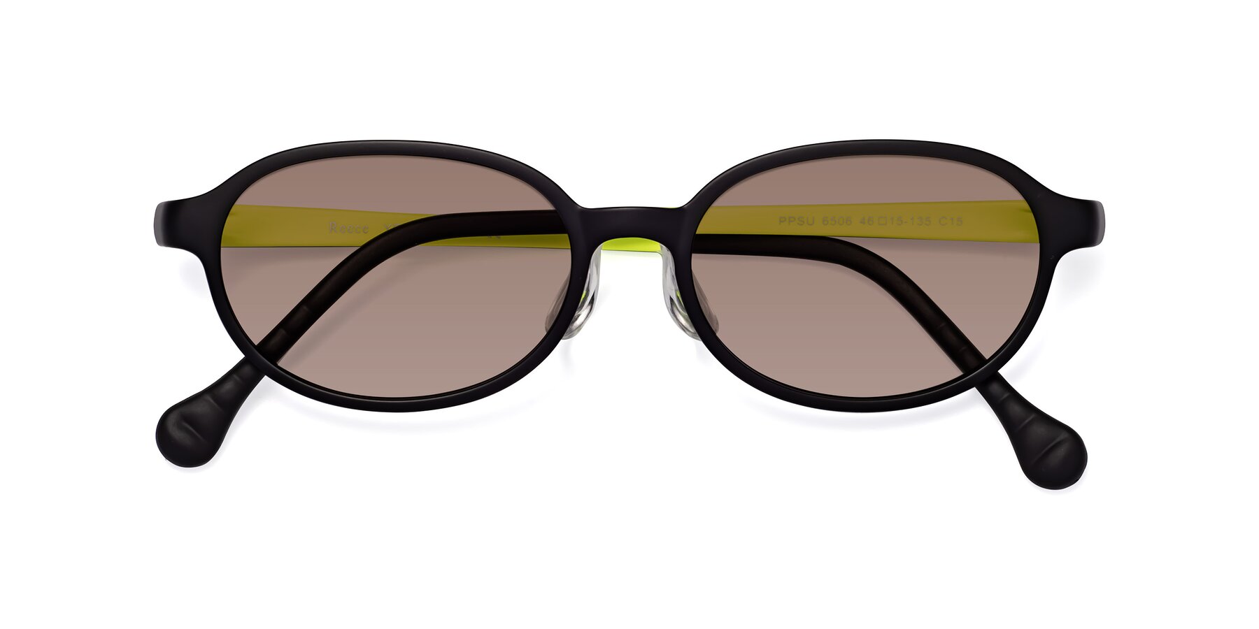 Folded Front of Reece in Black-New Leaf with Medium Brown Tinted Lenses