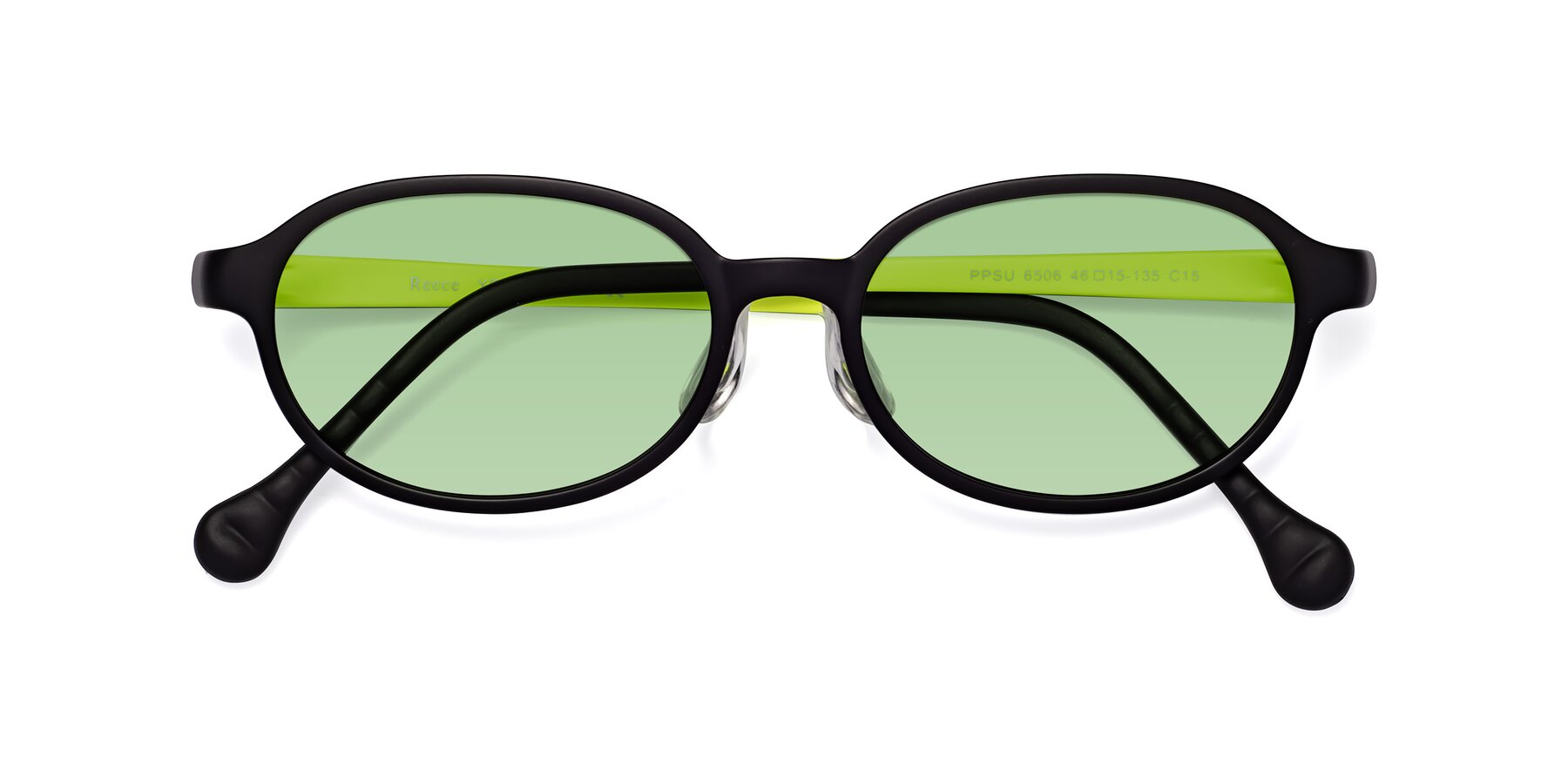 Folded Front of Reece in Black-New Leaf with Medium Green Tinted Lenses