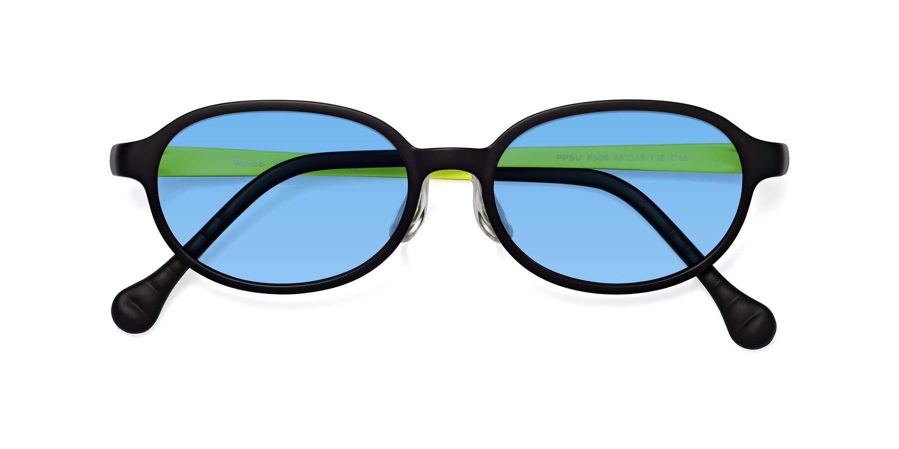 Folded Front of Reece in Black-New Leaf with Medium Blue Tinted Lenses