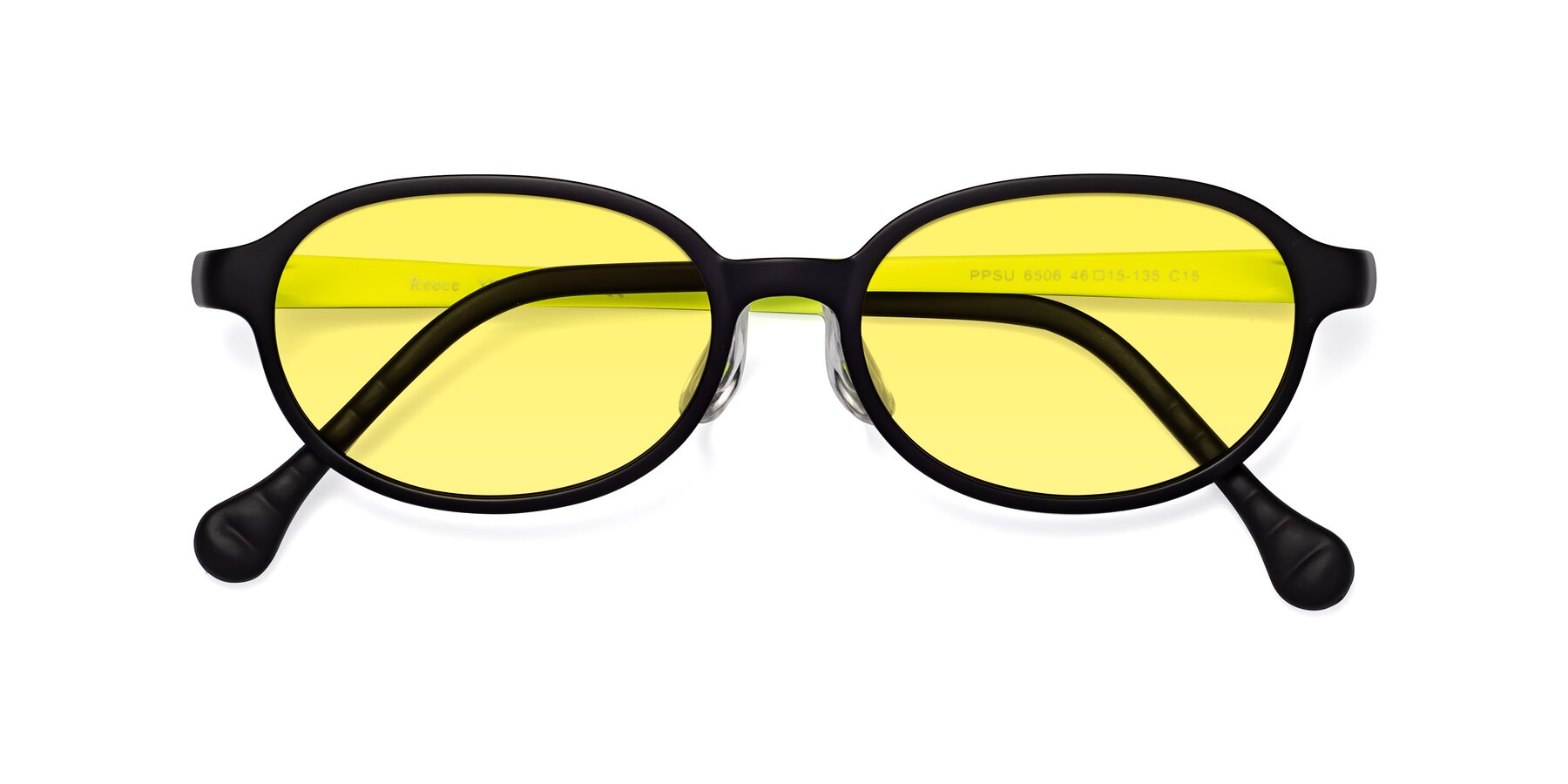 Folded Front of Reece in Black-New Leaf with Medium Yellow Tinted Lenses