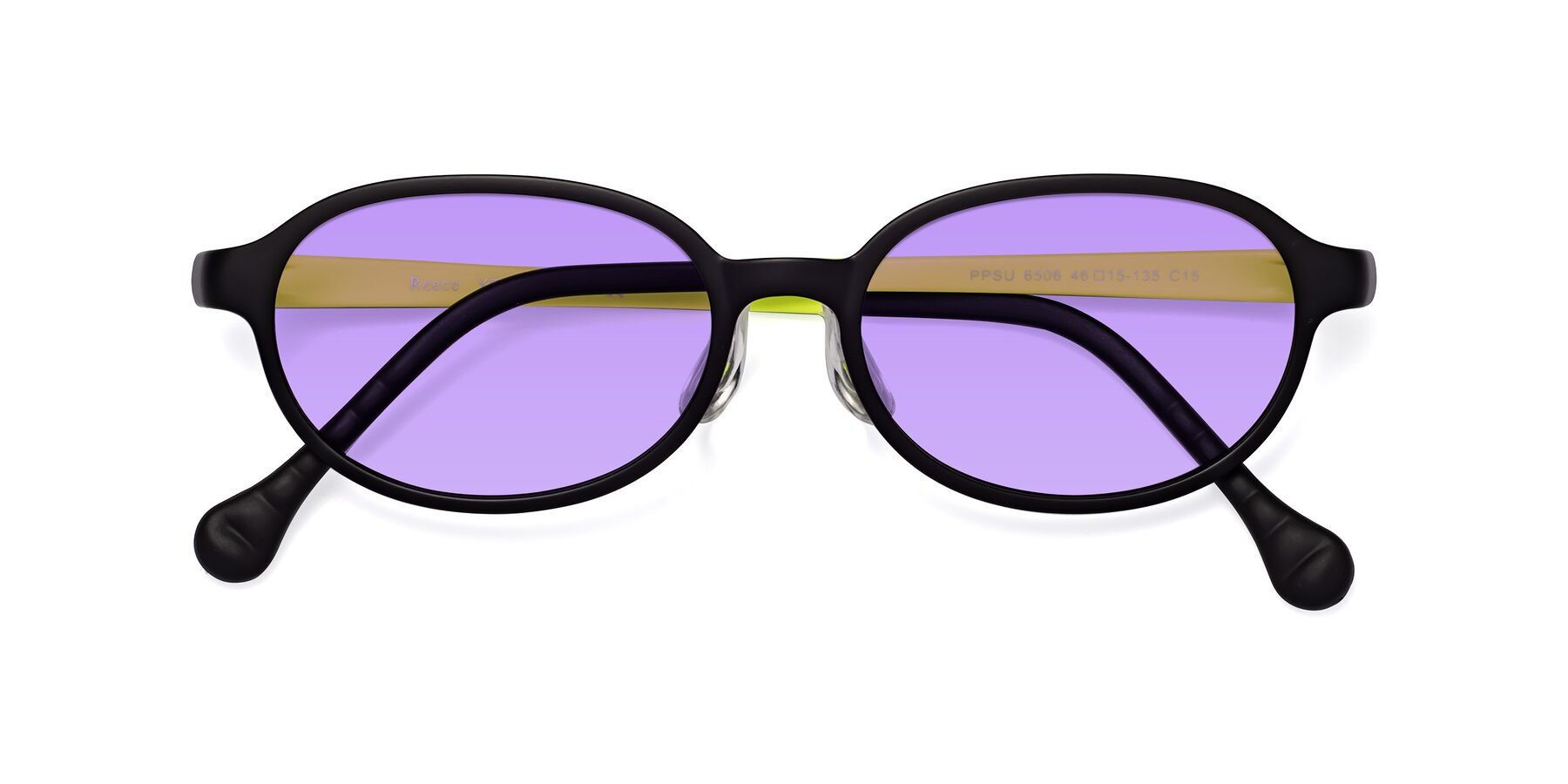 Folded Front of Reece in Black-New Leaf with Medium Purple Tinted Lenses