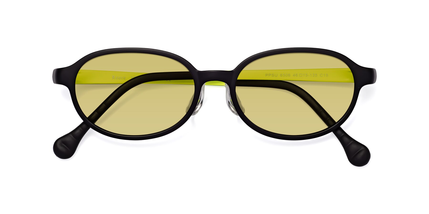 Folded Front of Reece in Black-New Leaf with Medium Champagne Tinted Lenses