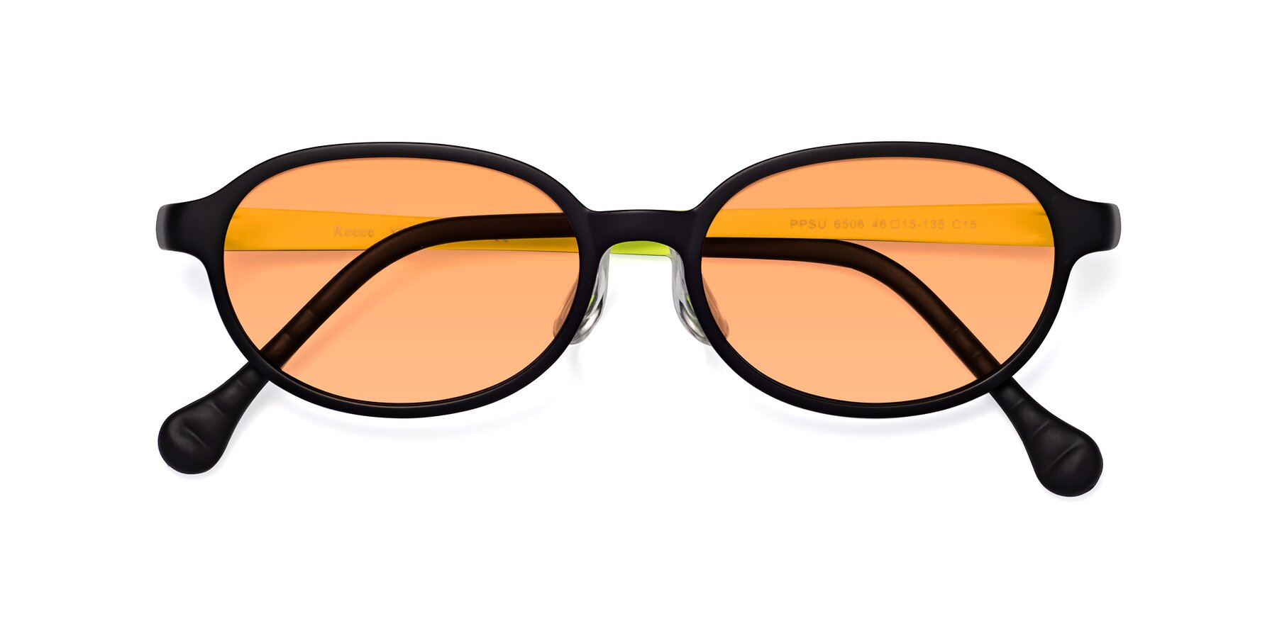 Folded Front of Reece in Black-New Leaf with Medium Orange Tinted Lenses