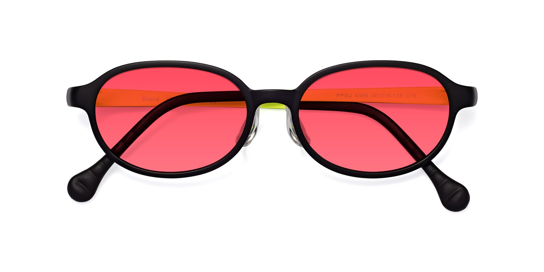 Folded Front of Reece in Black-New Leaf with Red Tinted Lenses