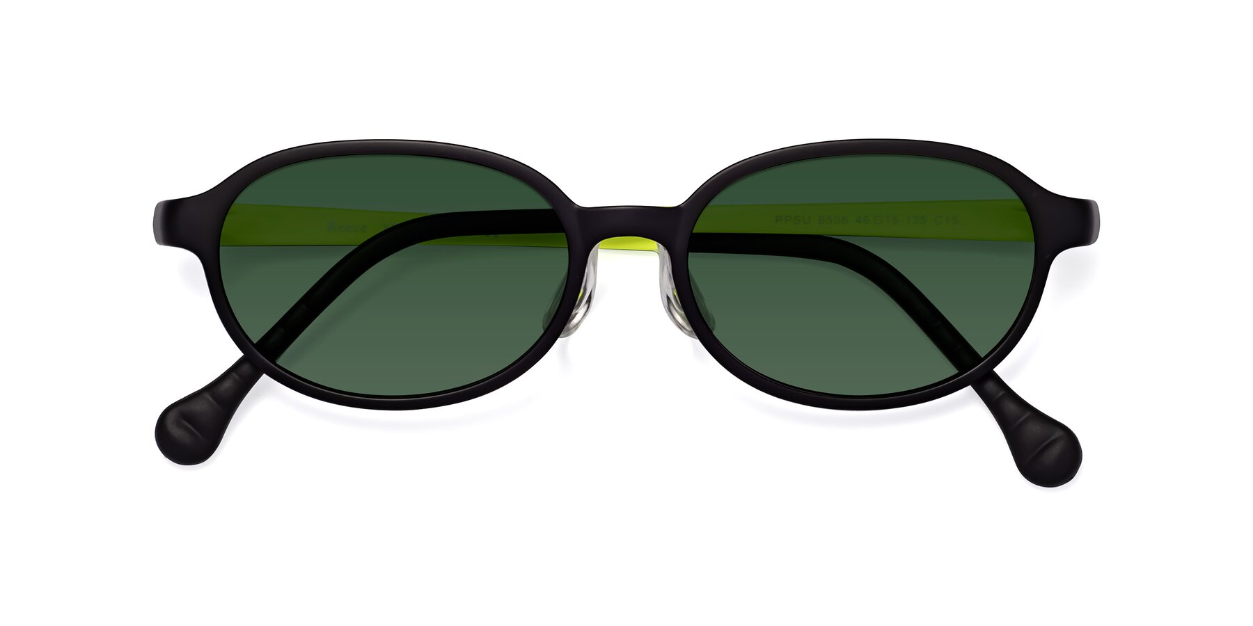 Folded Front of Reece in Black-New Leaf with Green Tinted Lenses