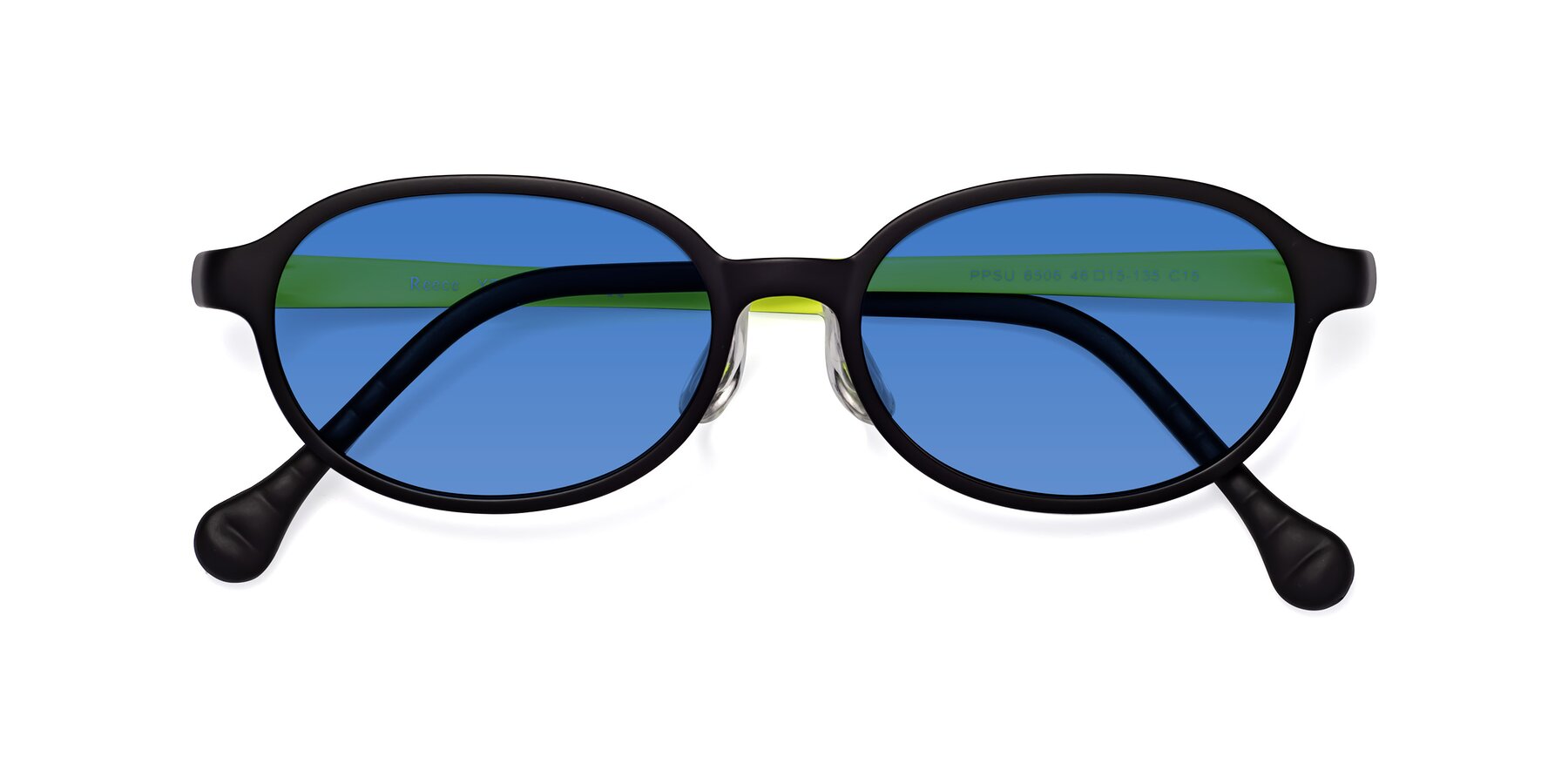 Folded Front of Reece in Black-New Leaf with Blue Tinted Lenses