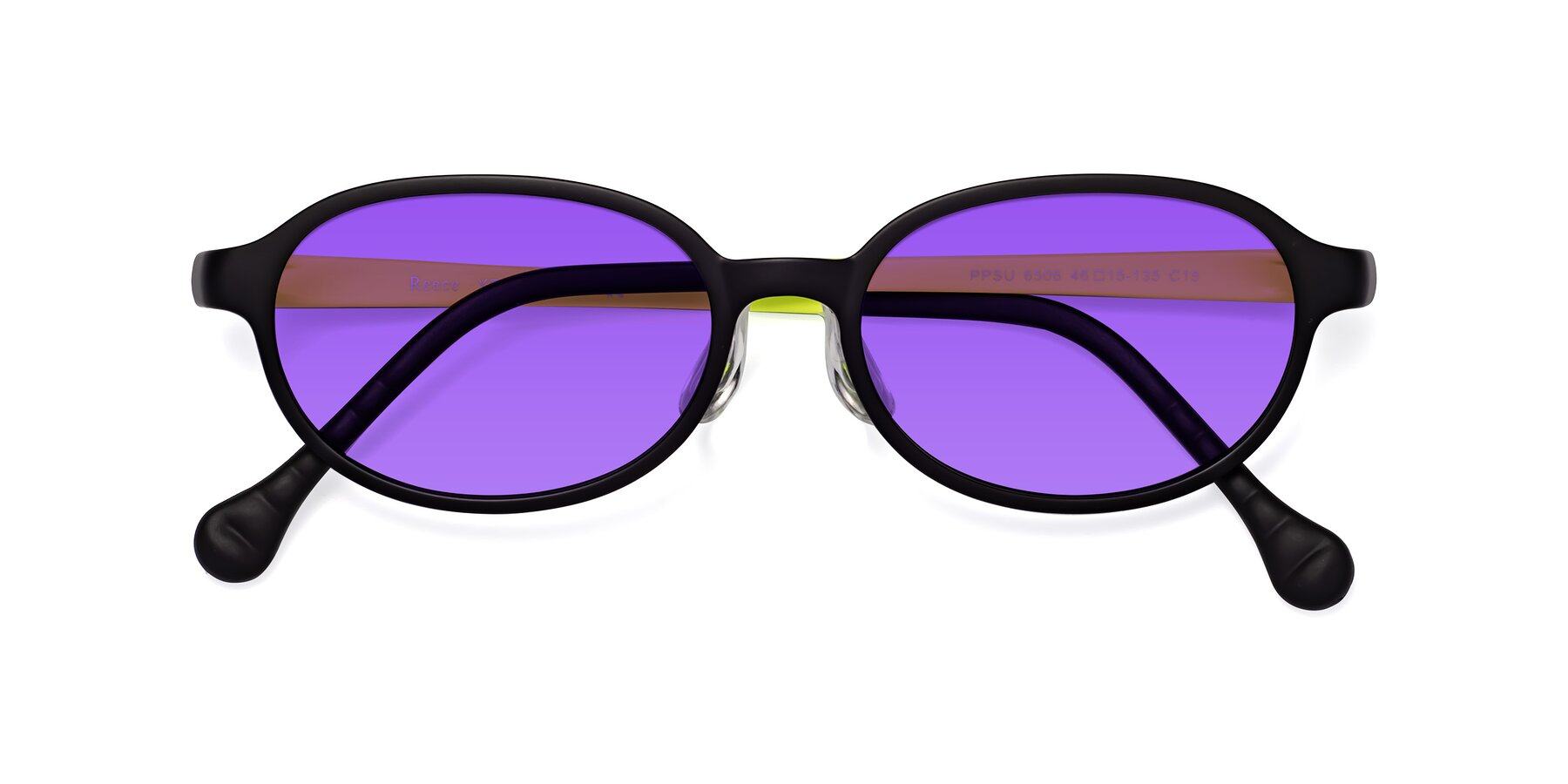 Folded Front of Reece in Black-New Leaf with Purple Tinted Lenses