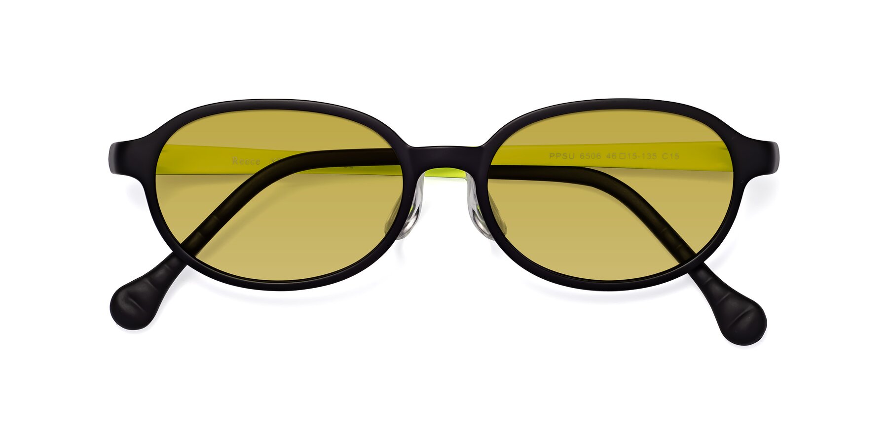 Folded Front of Reece in Black-New Leaf with Champagne Tinted Lenses