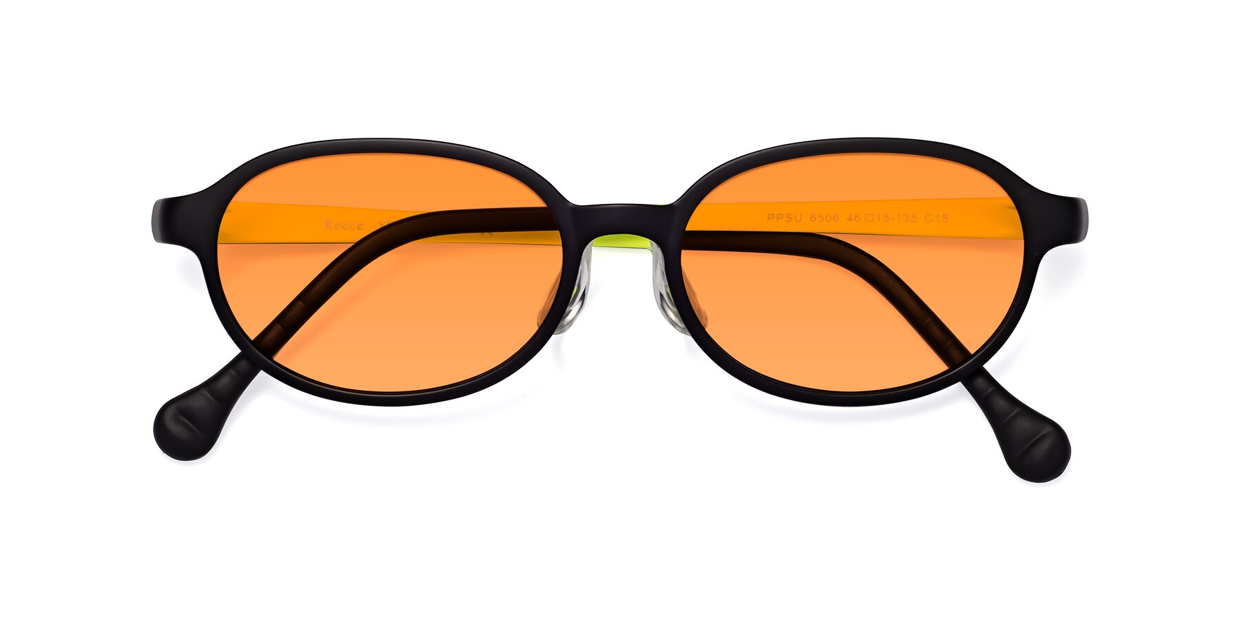 Folded Front of Reece in Black-New Leaf with Orange Tinted Lenses