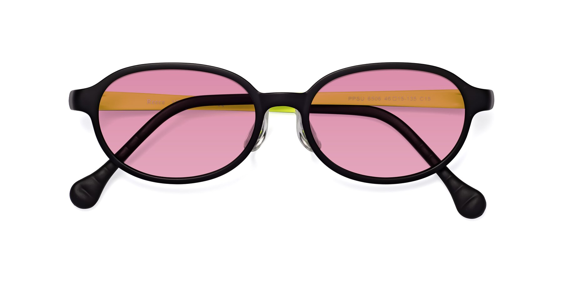 Folded Front of Reece in Black-New Leaf with Medium Wine Tinted Lenses