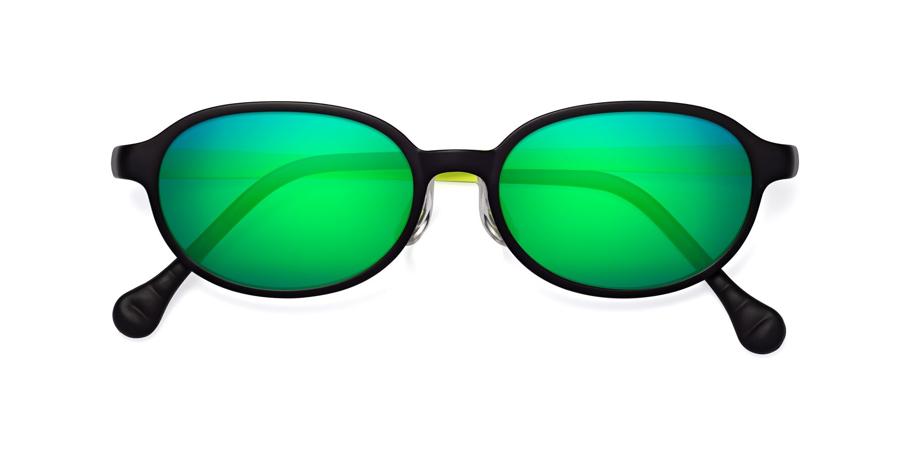 Folded Front of Reece in Black-New Leaf with Green Mirrored Lenses