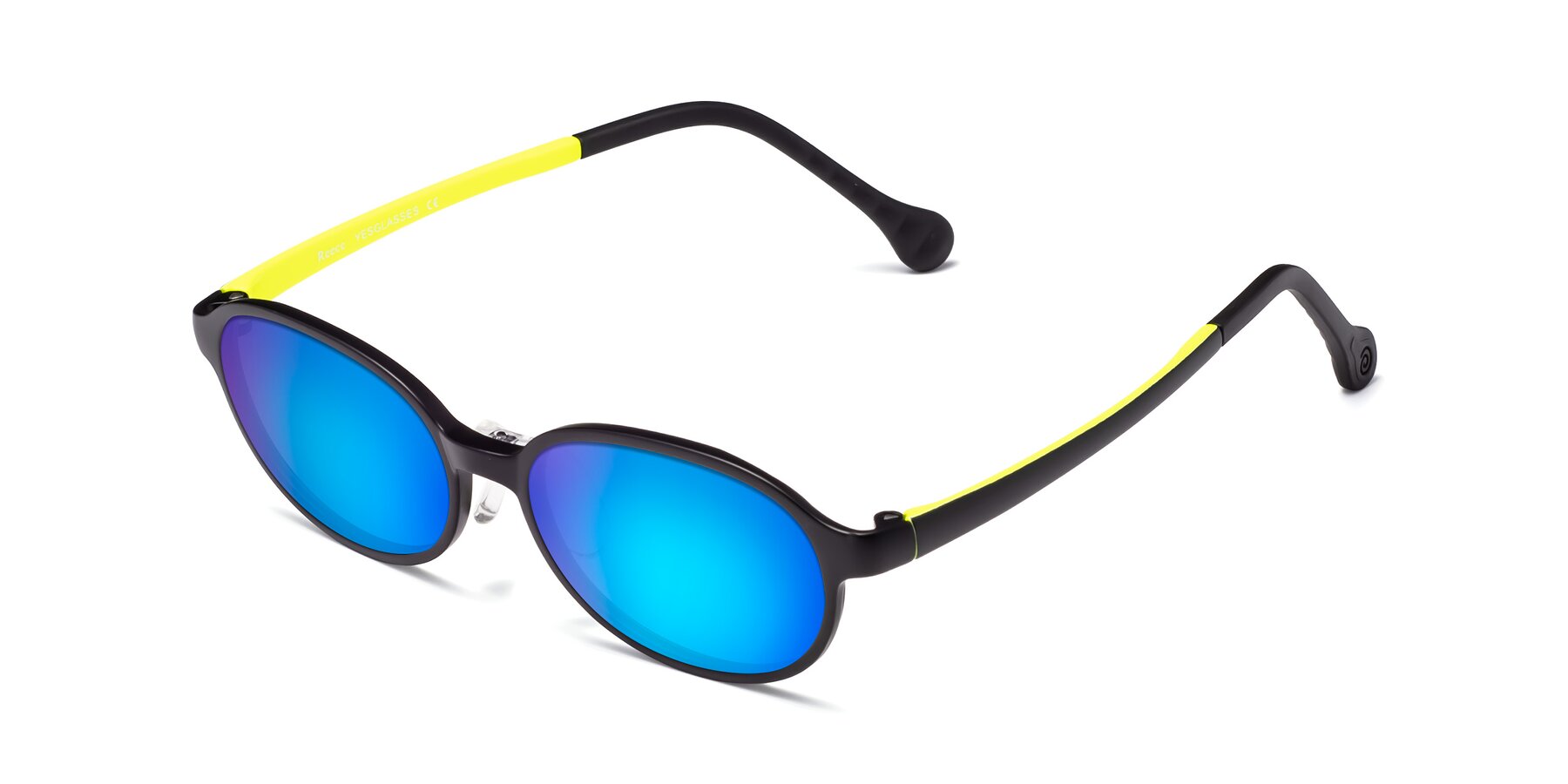 Angle of Reece in Black-New Leaf with Blue Mirrored Lenses