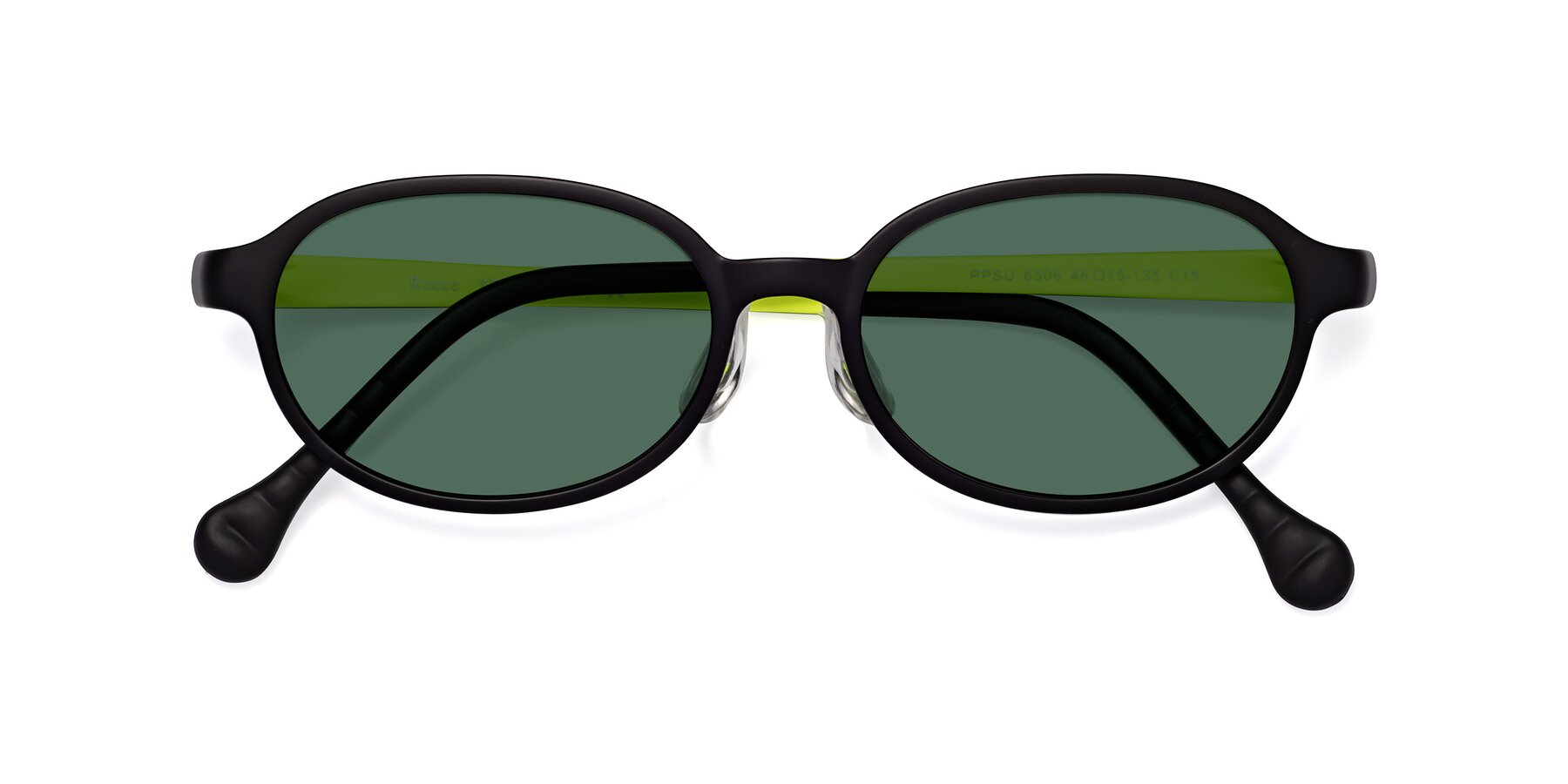 Folded Front of Reece in Black-New Leaf with Green Polarized Lenses