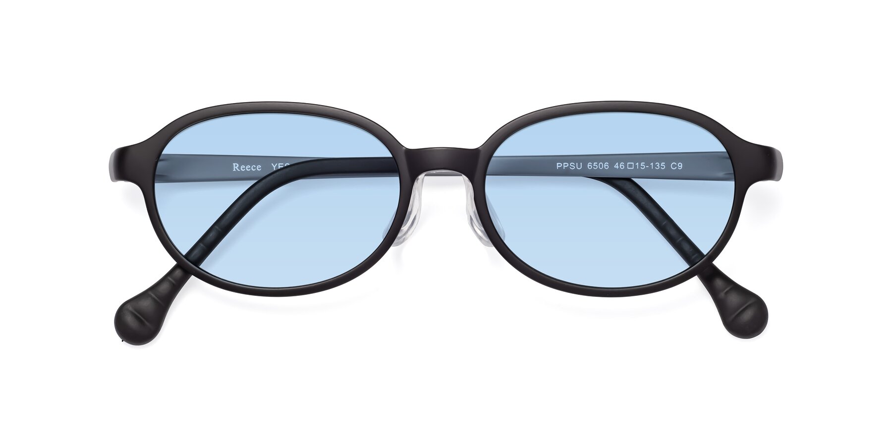 Folded Front of Reece in Black-Gray with Light Blue Tinted Lenses